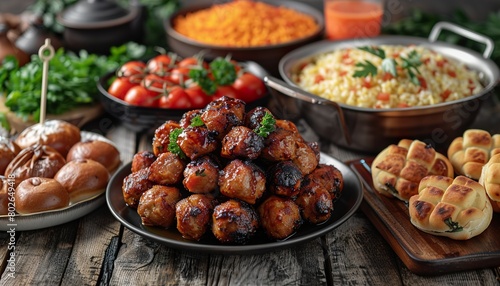 Festive traditional Middle Eastern Muslim Halal foods in plates. 