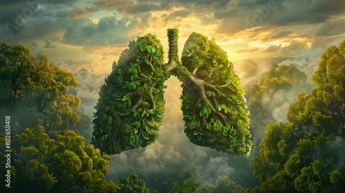 Illustration of lungs made from an array of trees and vibrant green leaves against an enchanted forest setting with a cloudy sky emphasizing the harmony of nature and health. photo