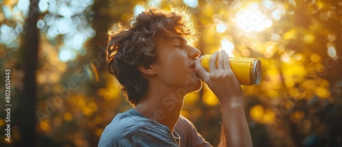 A young man drinking from yellow drink can with a blurry nature backdrop in a summer day with a big space for text or product background, Generative AI. photo