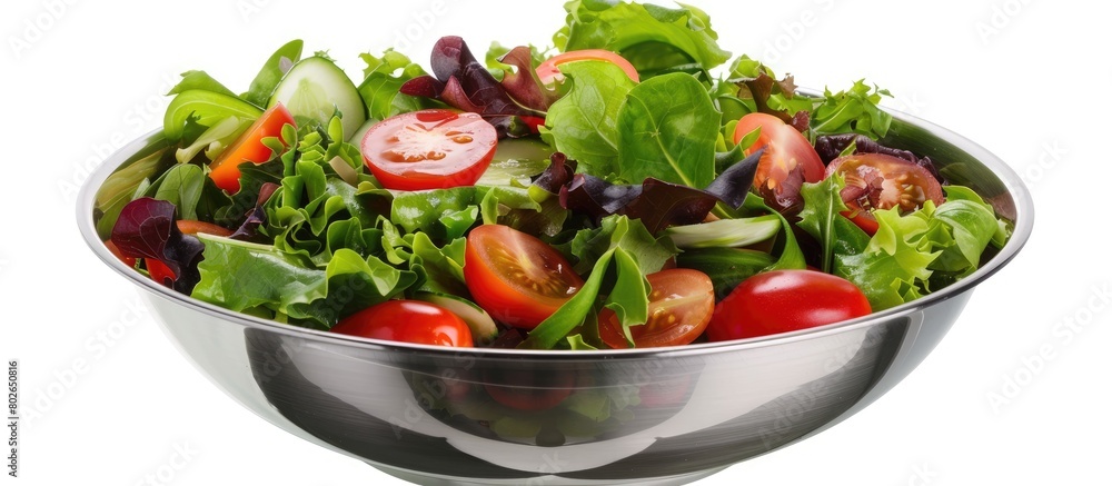A close-up shot of a metal bowl containing a fresh salad, isolated on a white background. A close-up shot of a metal bowl containing a fresh salad, isolated on a white background.