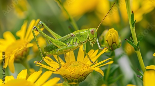 A vivid green grasshopper resting on a yellow daisy its long legs and antennae blending in with the surrounding foliage..