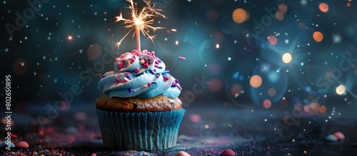 Cupcake adorned with a lighted stick photo