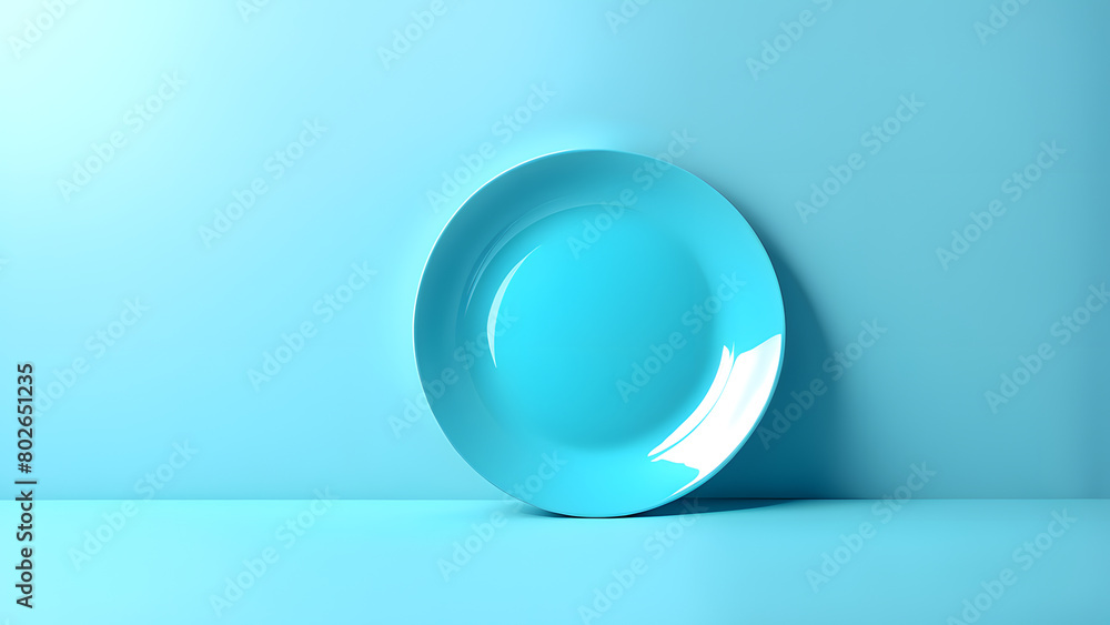 A blue plate sits on a blue wall A blue plate sits on a blue wall