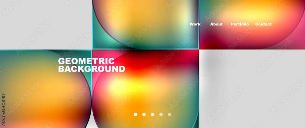 The design features a vibrant geometric background with colorful squares and circles in liquidlike patterns. Bold fonts and tints of magenta and electric blue add to the dynamic feel