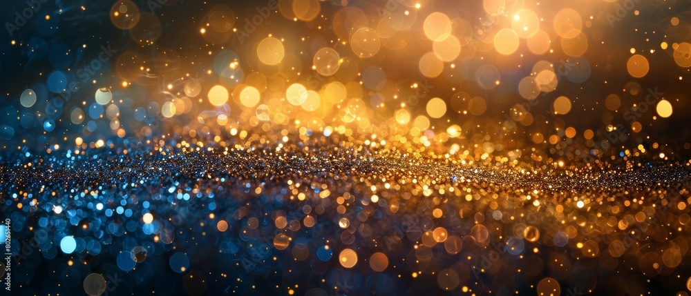 Shiny golden abstract background with sky blue bokeh lights and glitter set against a black texture featuring shimmering golden light effects. Shiny golden abstract background with sky blue bokeh lights and glitter set against a black texture featuring shimmering golden light effects.