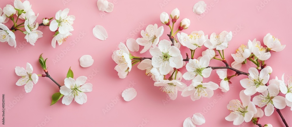 White blossoms organized on a vibrant backdrop. Flat lay style.