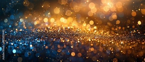 Shiny golden abstract background with sky blue bokeh lights and glitter set against a black texture featuring shimmering golden light effects.