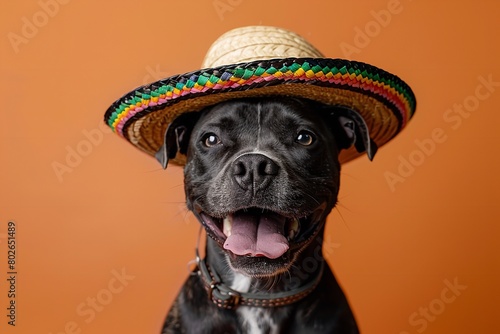 A close shot of a dog wearing sombreros against a clean orange backdrop with a big space for text or product advertisement background, Generative AI.