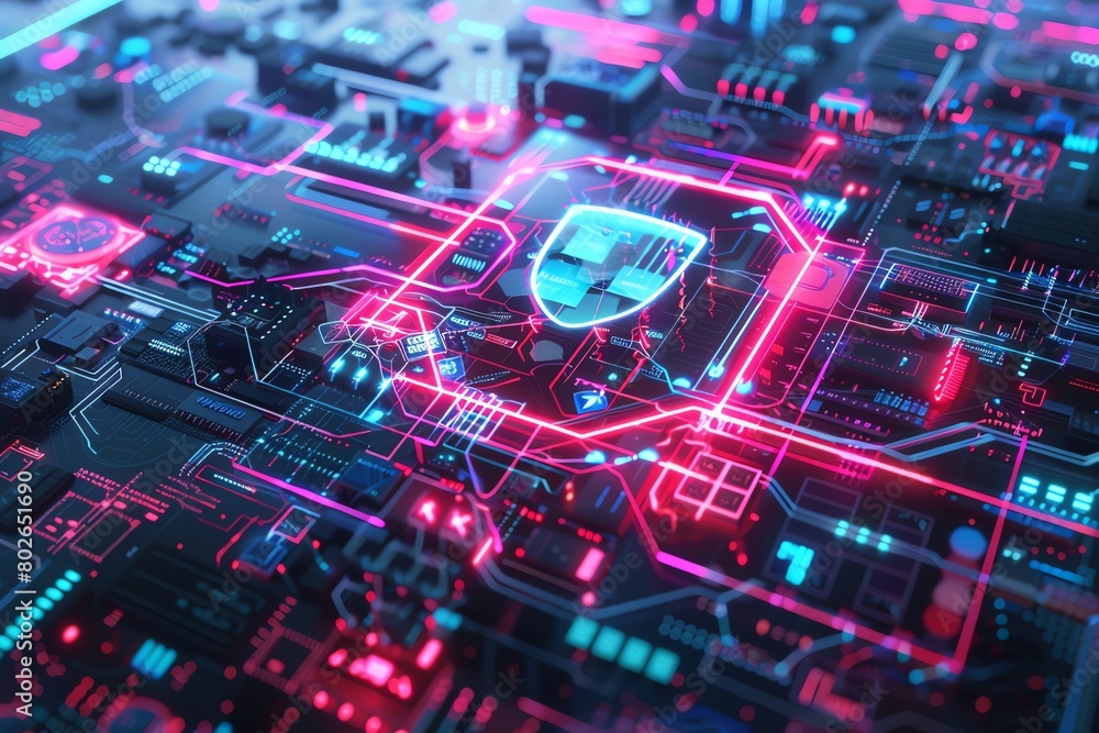 Futuristic cybersecurity shield enveloping a network of computers, neon glow, 4K, overhead view, scifi ambiance Futuristic cybersecurity shield enveloping a network of computers, neon glow, 4K, overhead view, scifi ambiance