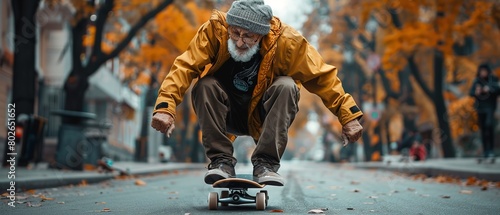 A portrait of a old man skating in road with a blurry backdrop and speedy portrait with trees and street view and space for text, Generative AI. © Noobs