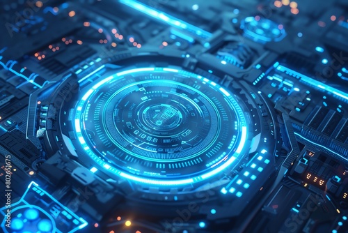 Digital shield activating around a cluster of hightech computers, 4K, cool blue tones, closeup, scifi theme