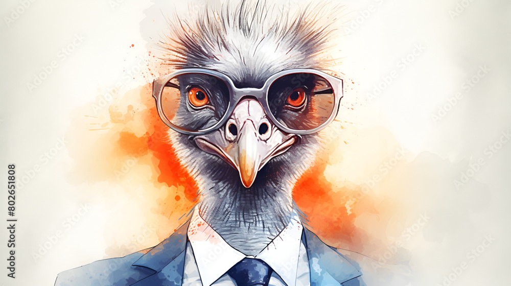 a close image of an Ostrich dressed in a business suit and wearing glasses fashionista background
