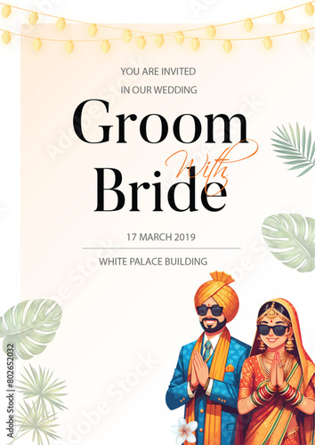 Traditional royal Punjabi wedding invitation card design with bride and groom save the date invite