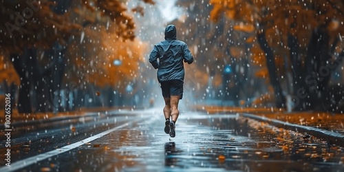 Back view of a man running on rainy day representing life goal or determination with a big space for text or product advertisement background  Generative AI.