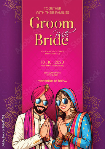 Traditional royal Punjabi wedding invitation card design with bride and groom save the date invite