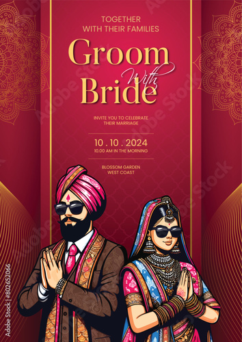 Traditional royal Punjabi wedding invitation card design with bride and groom save the date invite