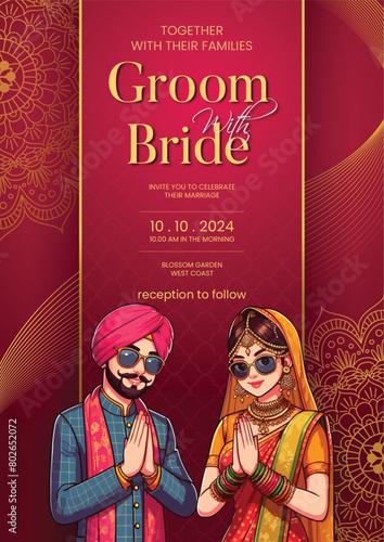Traditional royal Punjabi wedding invitation card design with bride and groom save the date invite