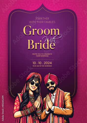 Traditional royal Punjabi wedding invitation card design with bride and groom save the date invite