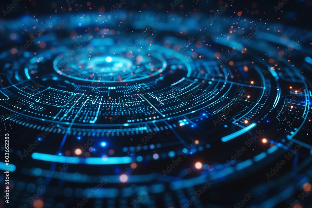 Cybersecurity field over a network hub, 4K, deep blue hues, close view, dramatic scifi flair Cybersecurity field over a network hub, 4K, deep blue hues, close view, dramatic scifi flair