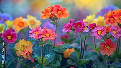 A close shot of colorful Primula veris primroses blossoming among nature with a blurry backdrop and a big space for text or product advertisement, Generative AI. © Noobs