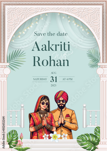 Traditional royal Punjabi wedding invitation card design with bride and groom save the date invite