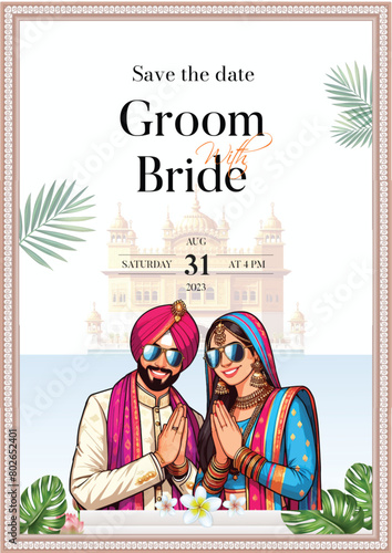 Traditional royal Punjabi wedding invitation card design with bride and groom save the date invite