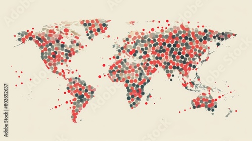 A visual representation of a world map with red dots tered all over each representing a different location affected by climate change stressing the global scale of the issue..