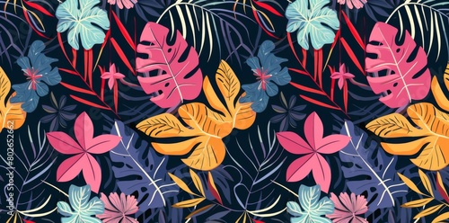 Abstract seamless pattern with colorful tropical flowers and leaves