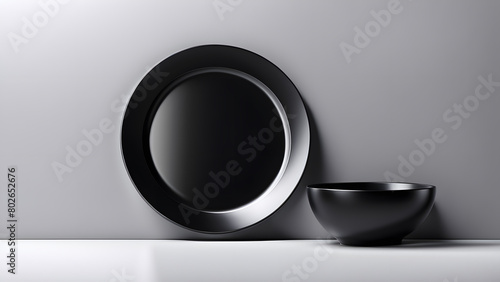A black plate and bowl are placed on a white background