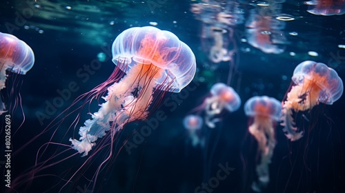 A group of jellyfish are swimming in the ocean. The jellyfish are pink and white, and they are glowing in the dark water. © sorrakrit
