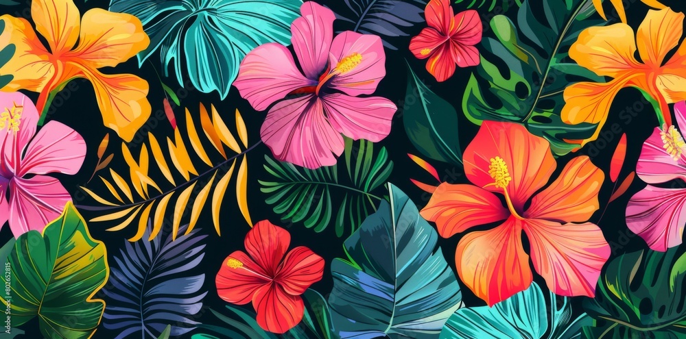 Abstract seamless pattern with colorful tropical flowers and leaves Abstract seamless pattern with colorful tropical flowers and leaves