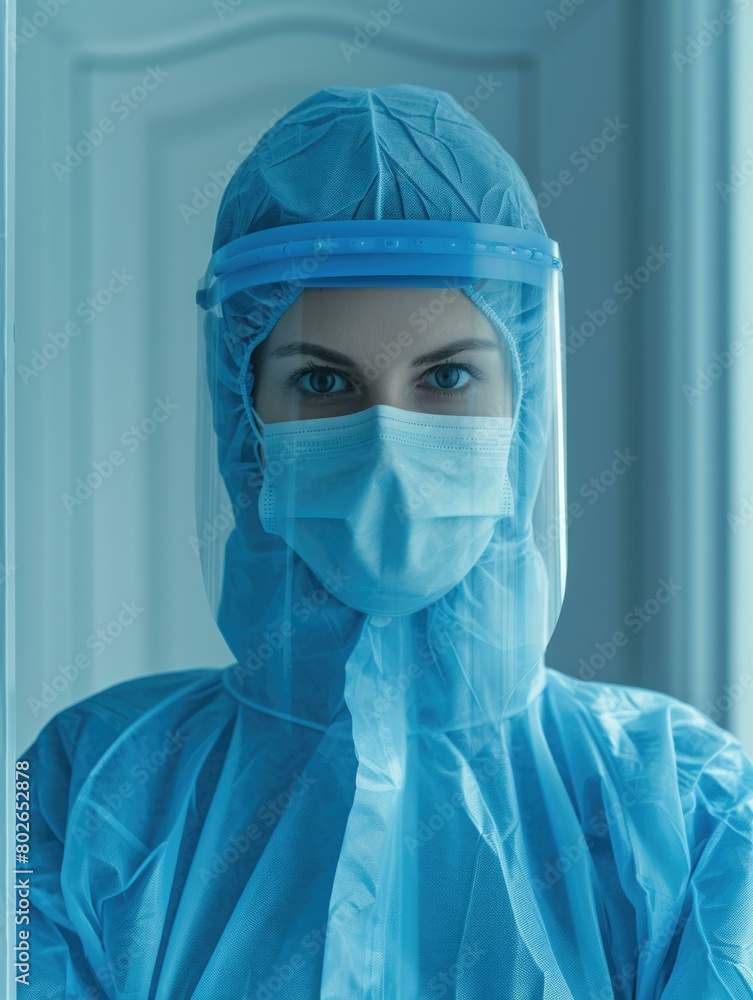 A healthcare worker wearing a face mask and protective gear looks on. AI. A healthcare worker wearing a face mask and protective gear looks on. AI.