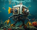 A steampunk robot explores the ocean depths.