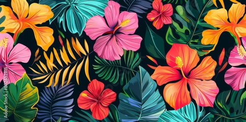 Abstract seamless pattern with colorful tropical flowers and leaves