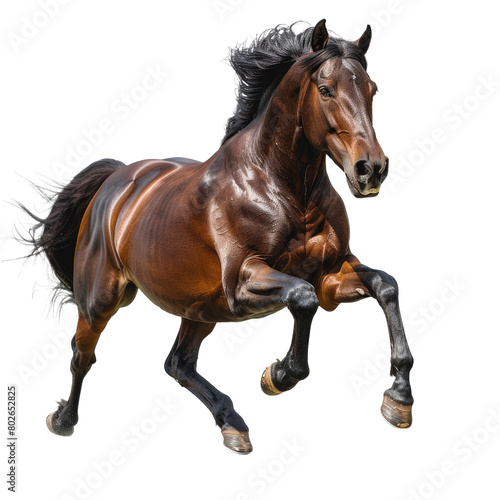 Handsome brown stallion galloping jumping On isolated transparent PNG background..