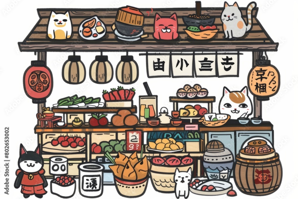 Cartoon cute doodles of a charming Japanese street market with vendors selling fresh produce, handmade crafts, and adorable souvenirs like, Generative AI