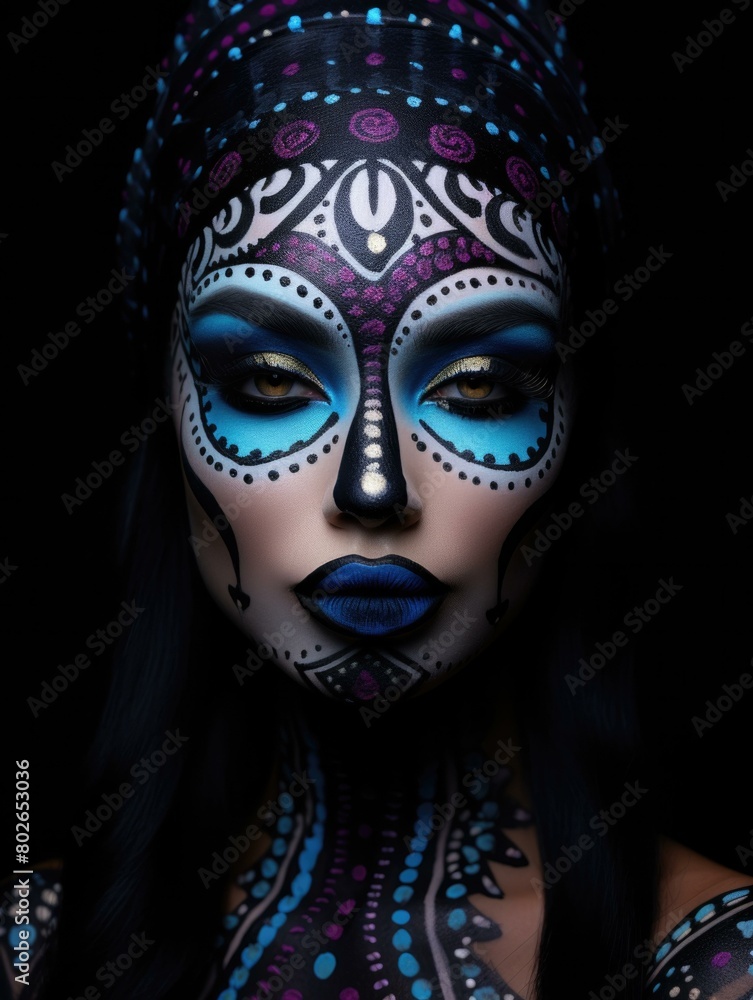 A woman with blue and purple face paint. AI.