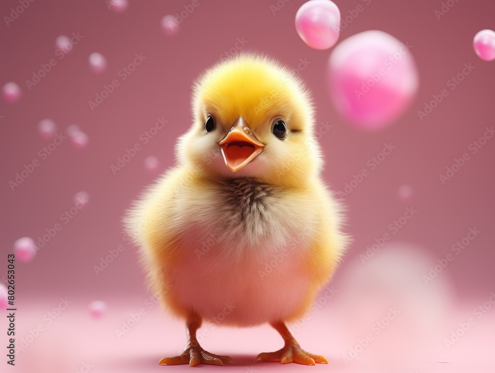 Cute baby chicken on a pink background with bubbles. Cute baby chicken on a pink background with bubbles.