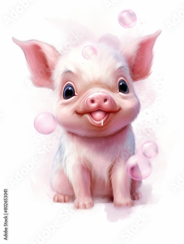 Cute pink cartoon piglet with big eyes and a happy smile.