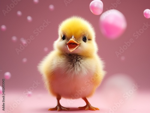 Cute baby chicken on a pink background with bubbles.