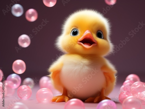 Cute yellow baby duck playing with pink bubbles on a pink background. © sorrakrit