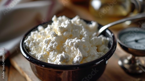 A bowl of fresh cottage cheese sits on a table. AI.