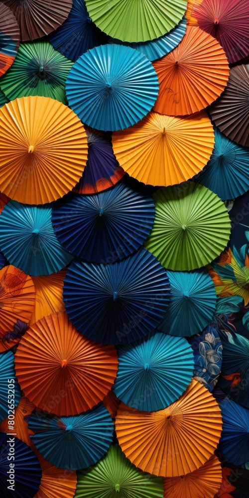 A wall of colorful paper umbrellas. AI. A wall of colorful paper umbrellas. AI.