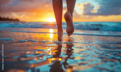 A person walking barefoot on a beach at sunset. AI.
