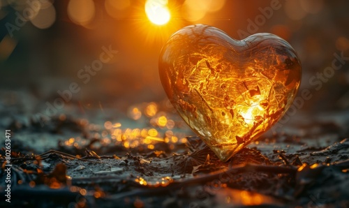 Golden heart-shaped crystal on the ground with a blurred background of a sunset. AI.