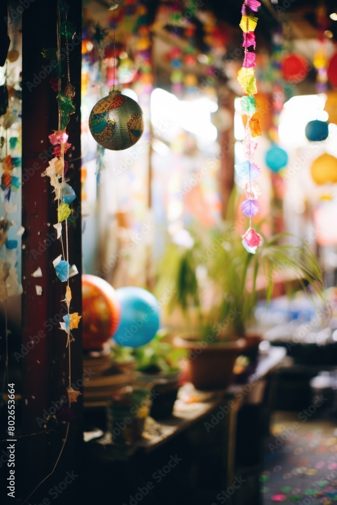Blurred view of a room decorated with colorful paper garlands and a disco ball. AI.