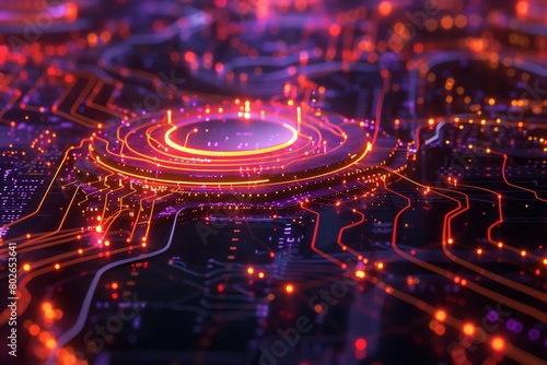 Computers secured with a dynamic cyber shield, 4K, orange and purple light waves, medium shot, scifi theme