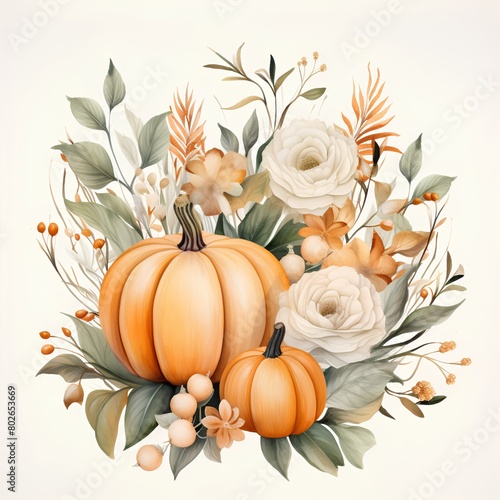 Autumn composition with pumpkins  flowers and leaves. Vector illustration.