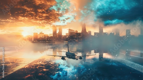 Double exposure image of airplane and modern cityscape