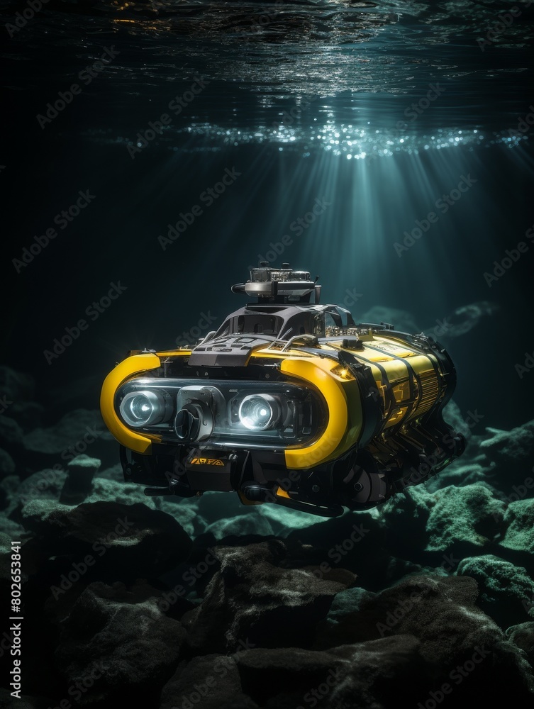 The image shows a yellow submarine exploring the deep sea. The image shows a yellow submarine exploring the deep sea.